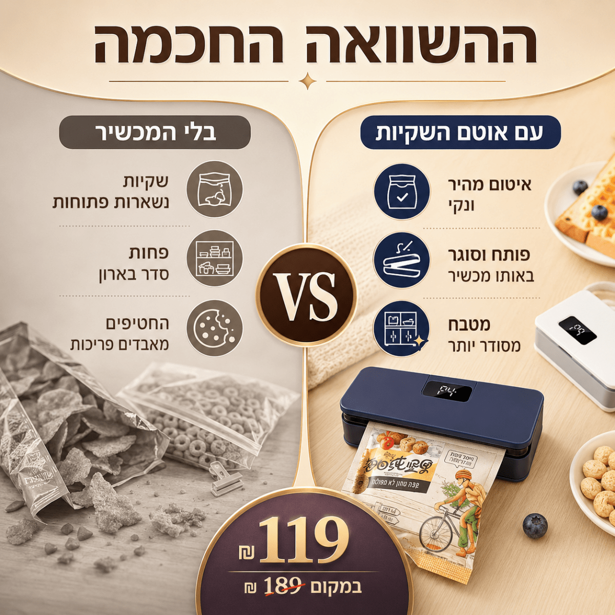 מכשיר מיני לאיטום שקיות עם חותך מובנה | מכשיר מיני לאיטום שקיות עם חותך מובנה | אוזו-שופ