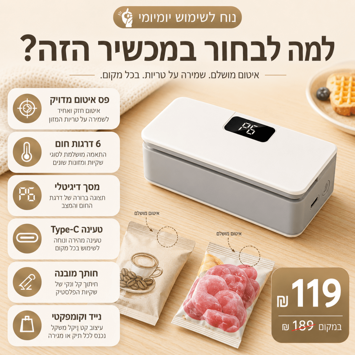 מכשיר מיני לאיטום שקיות עם חותך מובנה | מכשיר מיני לאיטום שקיות עם חותך מובנה | אוזו-שופ